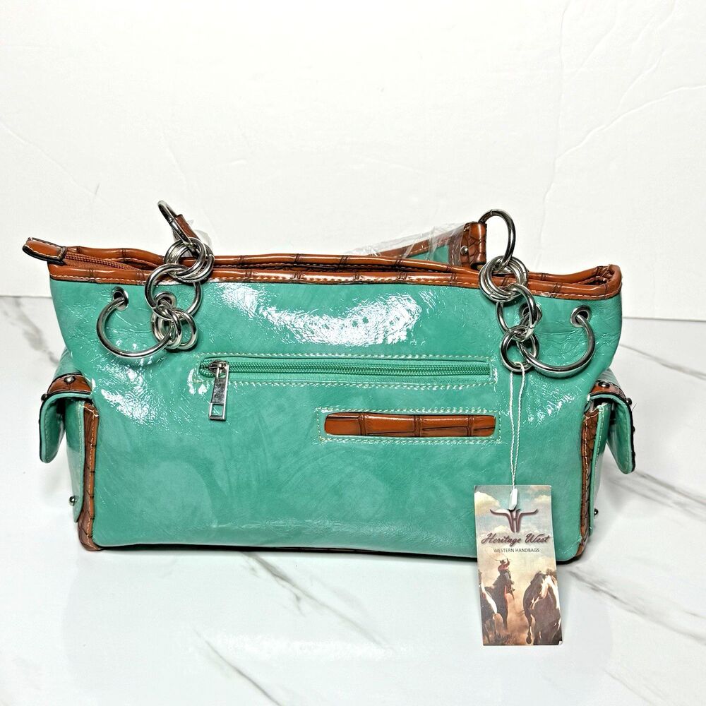 Western Turquoise Rhinestone Cross Handbag Tooled Brown Faux Leather Chain Strap - Picture 8 of 14